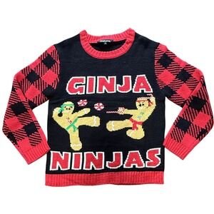 Kids Ginja Ninjas Christmas Ugly Sweater Size 8 Red Black Buffalo Plaid Holiday